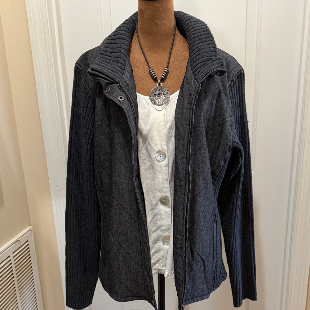 Sharagano Charcoal Utility Jacket with Ribbed Collar with a quilted/ denim-look